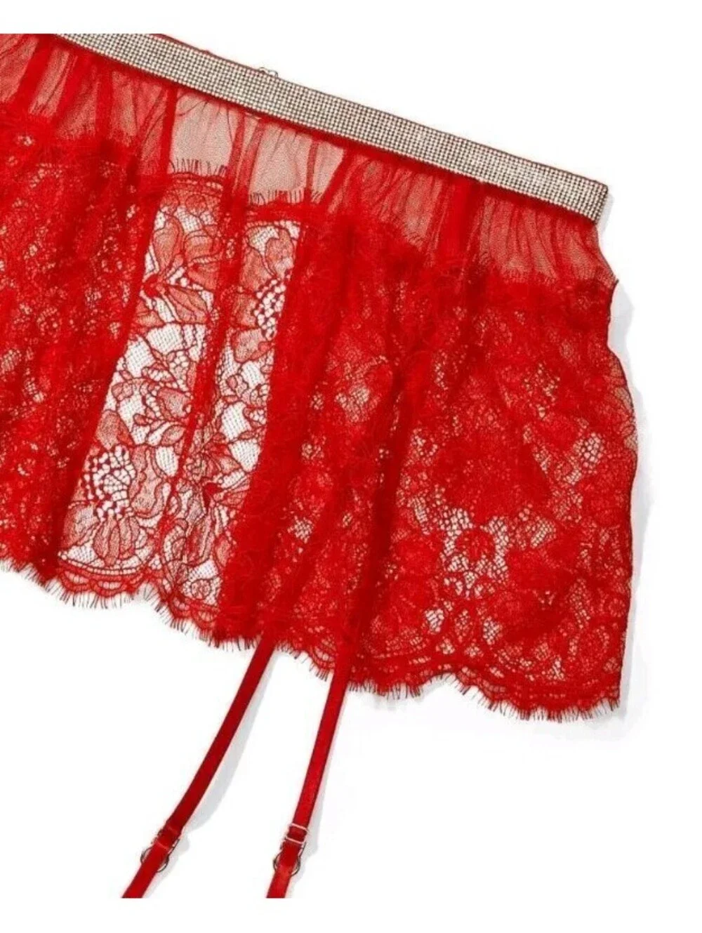 VICTORIA'S SECRET VERY SEXY RED LACE SHINE STRAP RHINESTONE GARTER SKIRT XS/S